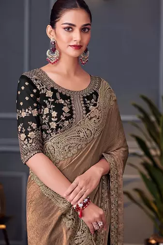 Light brown embroidered double tone silk blend saree