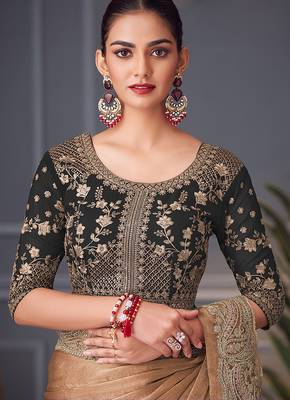 Light brown embroidered double tone silk blend saree 3