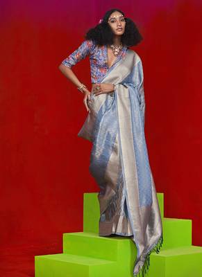 Viscose sky blue zari weaving border saree 1