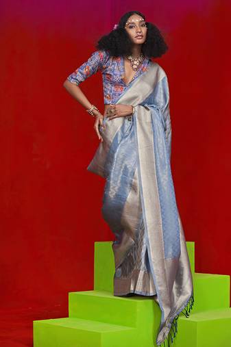 Viscose sky blue zari weaving border saree