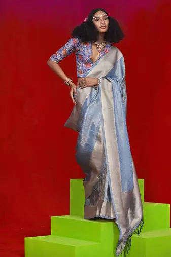 Viscose sky blue zari weaving border saree