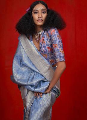 Viscose sky blue zari weaving border saree 2