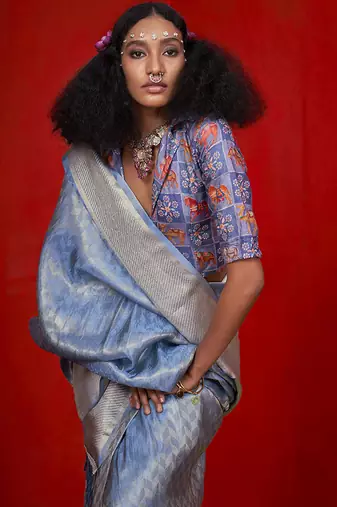 Viscose sky blue zari weaving border saree