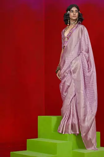 Viscose pink zari weaving border saree
