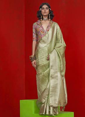 Viscose light green zari weaving border saree 1