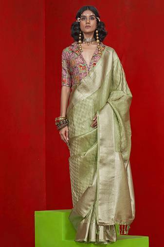 Viscose light green zari weaving border saree