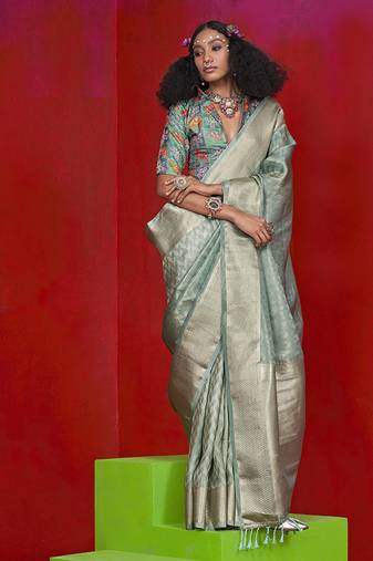 Viscose aqua blue zari weaving border saree