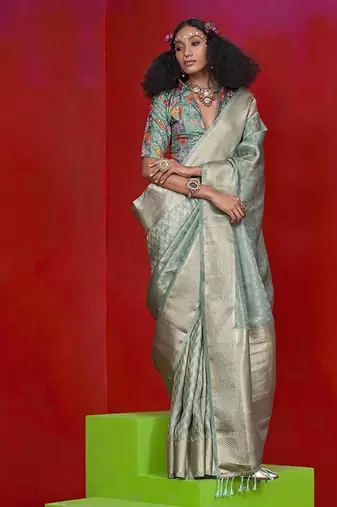 Viscose aqua blue zari weaving border saree