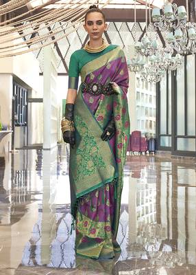 Weaving handloom silk blend saree in green and magenta 1