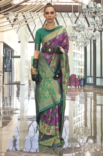 Weaving handloom silk blend saree in green and magenta
