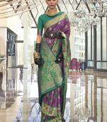 Weaving handloom silk blend saree in green and magenta