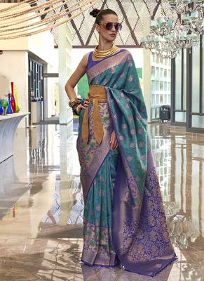 Weaving handloom silk blend saree in teal and violet 1