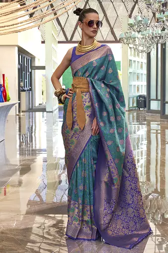 Weaving handloom silk blend saree in teal and violet