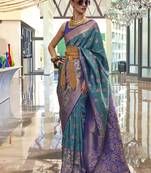 Weaving handloom silk blend saree in teal and violet