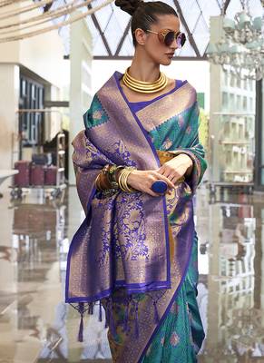 Weaving handloom silk blend saree in teal and violet 2