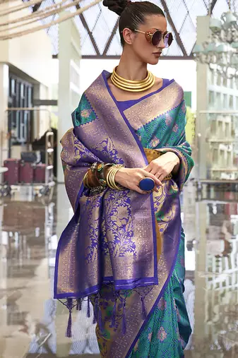 Weaving handloom silk blend saree in teal and violet