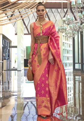Weaving handloom silk blend saree in peach and pink 1