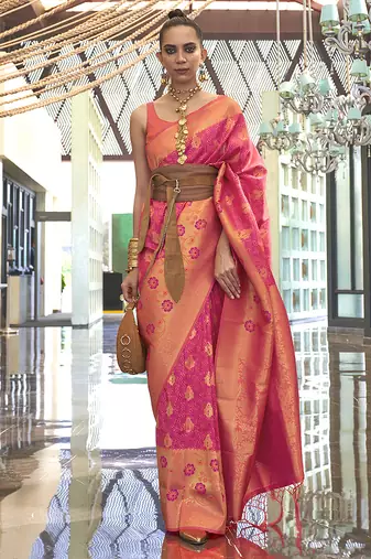 Weaving handloom silk blend saree in peach and pink