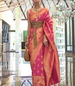 Weaving handloom silk blend saree in peach and pink