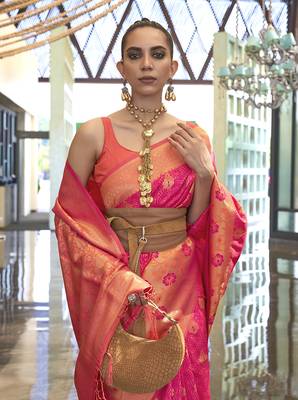 Weaving handloom silk blend saree in peach and pink 2
