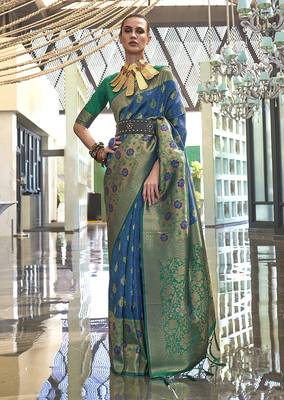 Weaving handloom silk blend saree in blue and green 1
