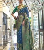 Weaving handloom silk blend saree in blue and green