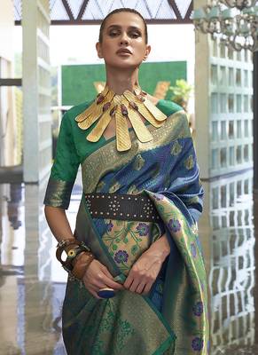 Weaving handloom silk blend saree in blue and green 2