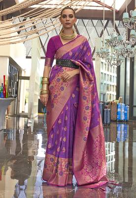 Weaving handloom silk blend saree in magenta and violet 1