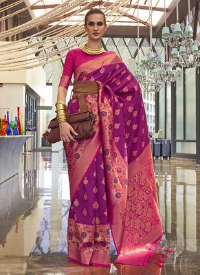 Weaving handloom silk blend saree in purple and rani pink 1