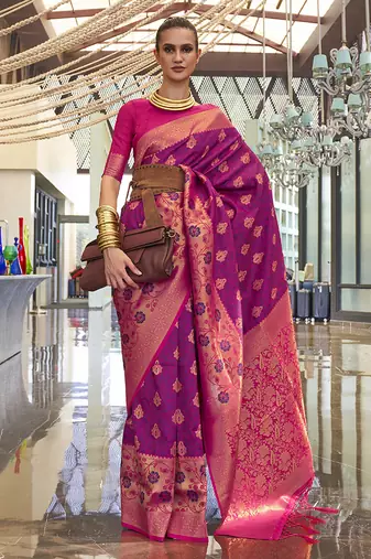 Weaving handloom silk blend saree in purple and rani pink