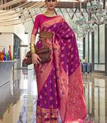 Weaving handloom silk blend saree in purple and rani pink