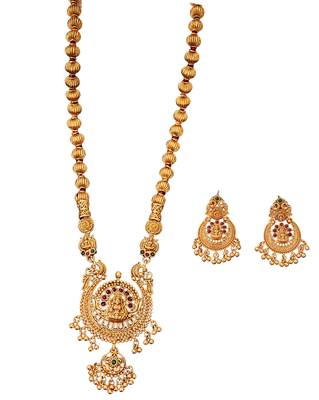 Antique gold plated temple jewelry necklace set with lakshmi pendant and earrings for bridal and ethnic wear 3