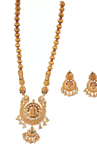 Antique gold plated temple jewelry necklace set with lakshmi pendant and earrings for bridal and ethnic wear