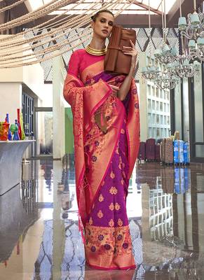 Weaving handloom silk blend saree in purple and rani pink 2