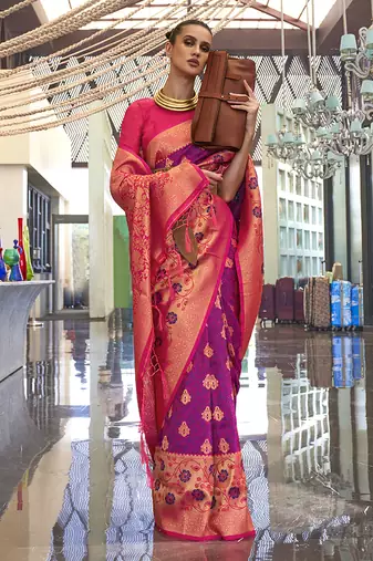 Weaving handloom silk blend saree in purple and rani pink