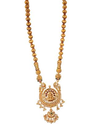 Antique gold plated temple jewelry necklace set with lakshmi pendant and earrings for bridal and ethnic wear 4