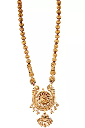 Antique gold plated temple jewelry necklace set with lakshmi pendant and earrings for bridal and ethnic wear