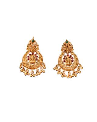 Antique gold plated temple jewelry necklace set with lakshmi pendant and earrings for bridal and ethnic wear 5