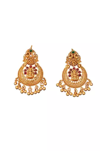 Antique gold plated temple jewelry necklace set with lakshmi pendant and earrings for bridal and ethnic wear