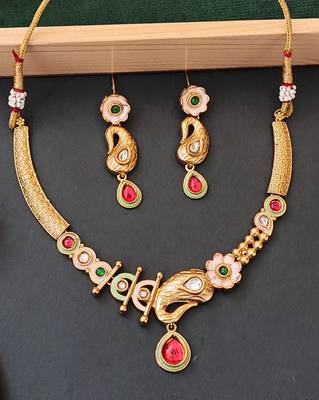 Enamel work paisley design necklace set with green and red stones 1