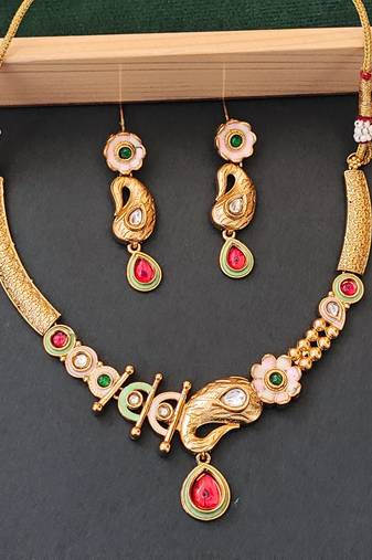 Enamel work paisley design necklace set with green and red stones