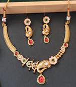 Enamel work paisley design necklace set with green and red stones