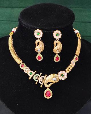 Enamel work paisley design necklace set with green and red stones 3