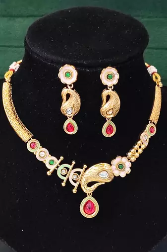 Enamel work paisley design necklace set with green and red stones