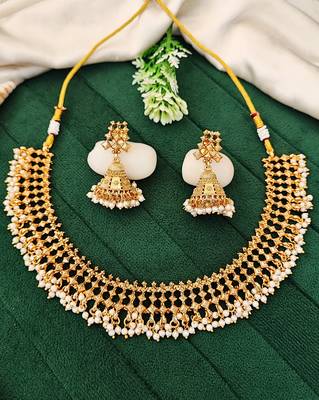 Elegant gold plated pearl choker necklace set with jhumka earrings     handcrafted jewelry for women 1