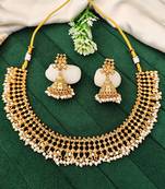 Elegant gold plated pearl choker necklace set with jhumka earrings     handcrafted jewelry for women