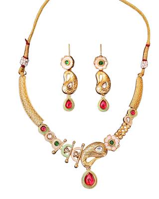 Enamel work paisley design necklace set with green and red stones 4
