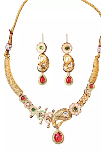 Enamel work paisley design necklace set with green and red stones
