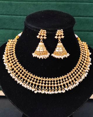 Elegant gold plated pearl choker necklace set with jhumka earrings     handcrafted jewelry for women 3