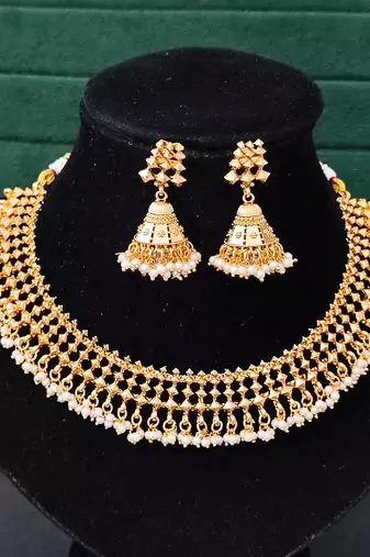 Elegant gold plated pearl choker necklace set with jhumka earrings     handcrafted jewelry for women